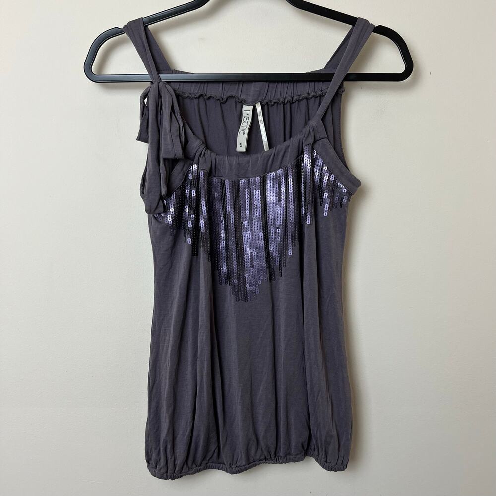 Y2K 90s Metallic Purple Sequin Tank Top Stretch Knit Scoop Neck Bubble Hem Small